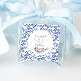 Pegatina Cuadrada Cumpleaños Floral Blanca Azul