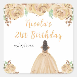 Pegatina Cuadrada Cumpleaños floral de la princesa Peach con cabello