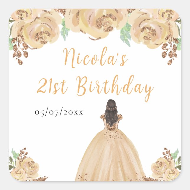 Pegatina Cuadrada Cumpleaños floral de la princesa Peach con cabello (Anverso)