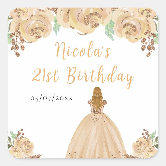 Pegatina Cuadrada Cumpleaños floral de la princesa Peach de cabello  (Anverso)