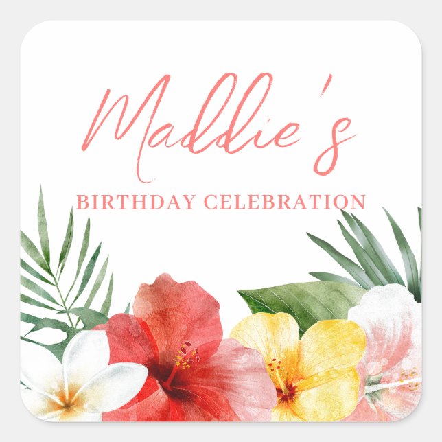 Pegatina Cuadrada Cumpleaños Floral Hawaiano (Anverso)