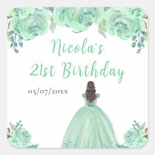 Pegatina Cuadrada Cumpleaños Floral Mint Princesa Cabello Marrón Fie