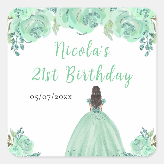 Pegatina Cuadrada Cumpleaños Floral Mint Princesa Cabello Marrón Fie (Anverso)