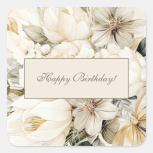 Pegatina Cuadrada Cumpleaños floral personalizado de crema de vainil