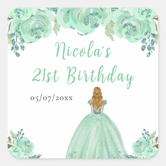 Pegatina Cuadrada Cumpleaños floral princesa cabello rubio menta (Anverso)