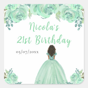 Pegatina Cuadrada Cumpleaños Floral Princesa Piel Oscura Menta