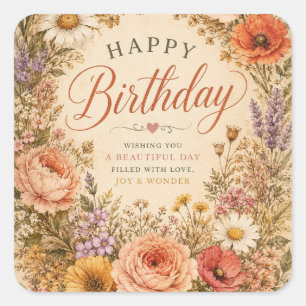 Pegatina Cuadrada Cumpleaños floral retro personalizado con flores