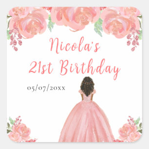 Pegatina Cuadrada Cumpleaños Floral Rosa Princesa de Piel Oscura