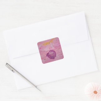 Pegatina Cuadrada Cumpleaños Galaxia Cósmica Rosa Acuarela
