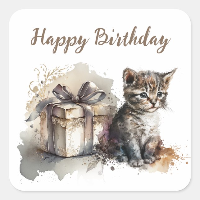 Pegatina Cuadrada Cumpleaños | Gatito y regalo (Anverso)
