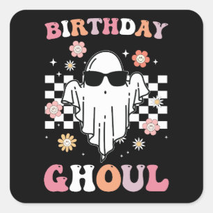 Pegatina Cuadrada Cumpleaños Ghoul Ghost Halloween Groovy Retro