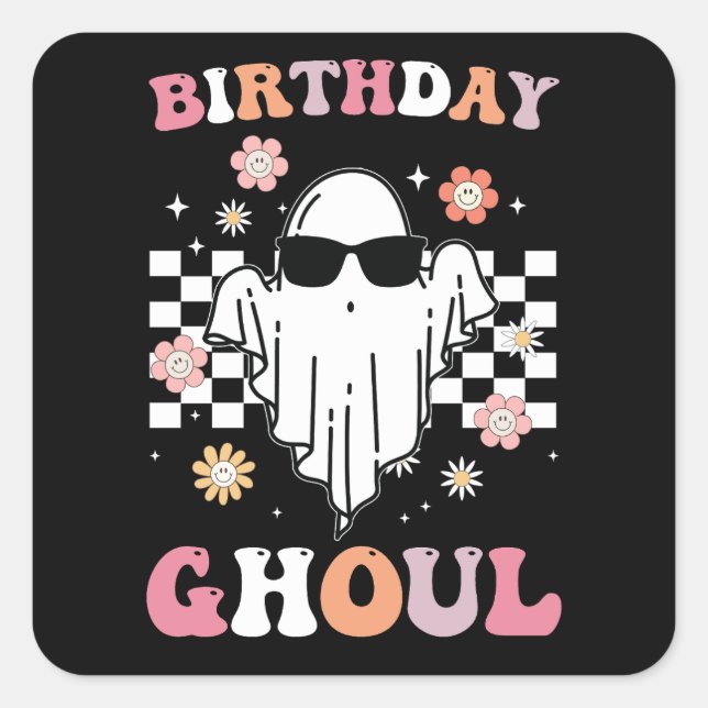 Pegatina Cuadrada Cumpleaños Ghoul Ghost Halloween Groovy Retro (Anverso)