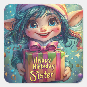 Pegatina Cuadrada Cumpleaños Gnome - Feliz cumpleaños hermana