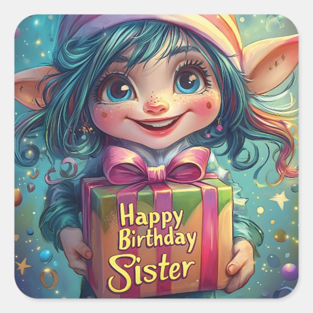 Pegatina Cuadrada Cumpleaños Gnome - Feliz cumpleaños hermana (Anverso)