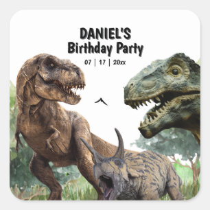 Pegatina Cuadrada Cumpleaños imprimible de dinosaurio, cumpleaños de