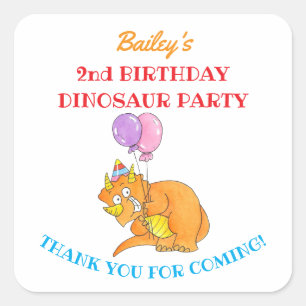 Pegatina Cuadrada Cumpleaños infantil Triceratops Dinosaurio Gracias