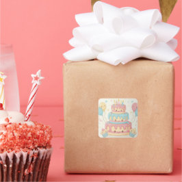 Pegatina Cuadrada Cumpleaños Kawaii - Pastel y Magdalenas Lindas