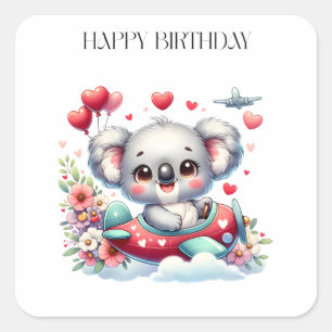 Pegatina Cuadrada Cumpleaños Koala Piloto