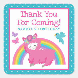 Pegatina Cuadrada Cumpleaños Llama Rosa Primavera Floral y Arcoíris