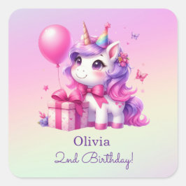 Pegatina Cuadrada Cumpleaños mágico del unicornio con nombre y edad