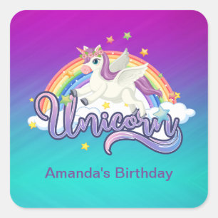 Pegatina Cuadrada Cumpleaños Mágico Unicornio Arcoíris Caprichoso
