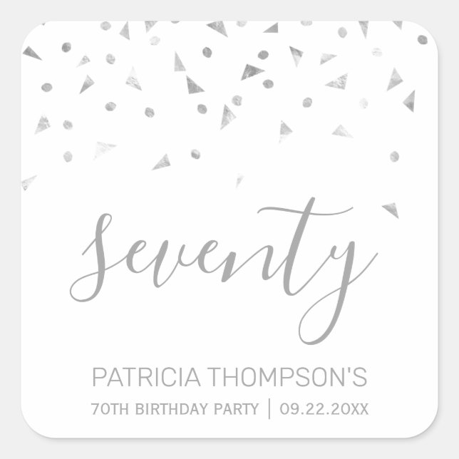 Pegatina Cuadrada Cumpleaños Moderno de 70 años con Confeti de Plata (Anverso)