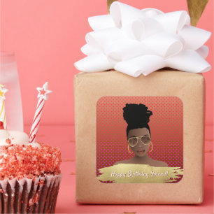 Pegatina Cuadrada Cumpleaños! Mujer negra con cobarde de oro