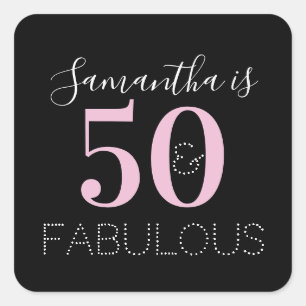 Pegatina Cuadrada Cumpleaños negro rosa personalizado 50 y fabuloso