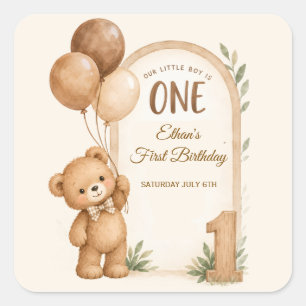 Pegatina Cuadrada Cumpleaños Neutral Oso Bosque Niño 1er 