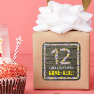 Pegatina Cuadrada Cumpleaños número 12: Número floral, aspecto de ma
