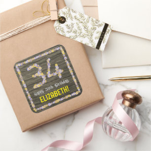 Pegatina Cuadrada Cumpleaños número 34: Número floral, aspecto de ma