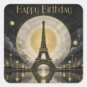 Pegatina Cuadrada Cumpleaños París Torre Eiffel Deco Dorado