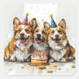 Pegatina Cuadrada Cumpleaños Pembroke Welsh Corgi Dogs