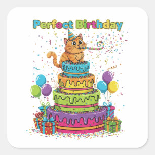 Pegatina Cuadrada Cumpleaños Perfecto Lindo Gato de Dibujos Animados