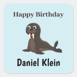 Pegatina Cuadrada Cumpleaños personalizado adorable foca gris azul