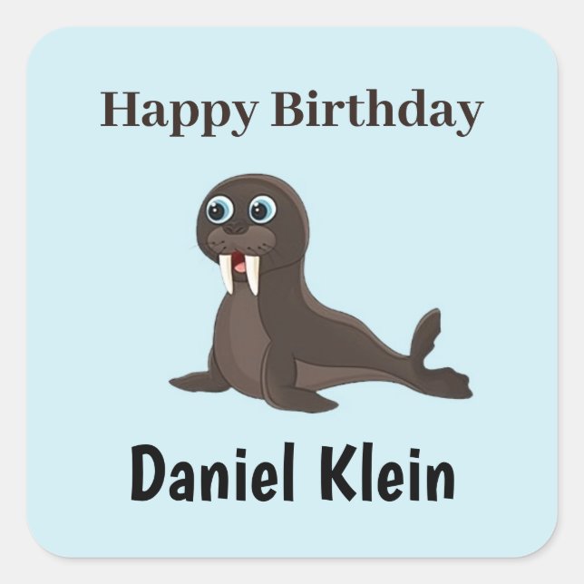 Pegatina Cuadrada Cumpleaños personalizado adorable foca gris azul (Anverso)
