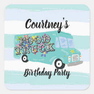 Pegatina Cuadrada Cumpleaños personalizado de camión de comida azul 