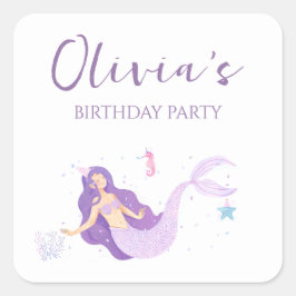 Pegatina Cuadrada Cumpleaños personalizado de las sirenas moradas