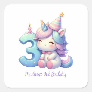 Pegatina Cuadrada Cumpleaños personalizado de Unicornio para niñas d