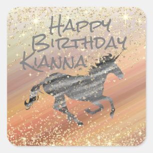 Pegatina Cuadrada Cumpleaños Personalizado de Unicornio Purpurinoso