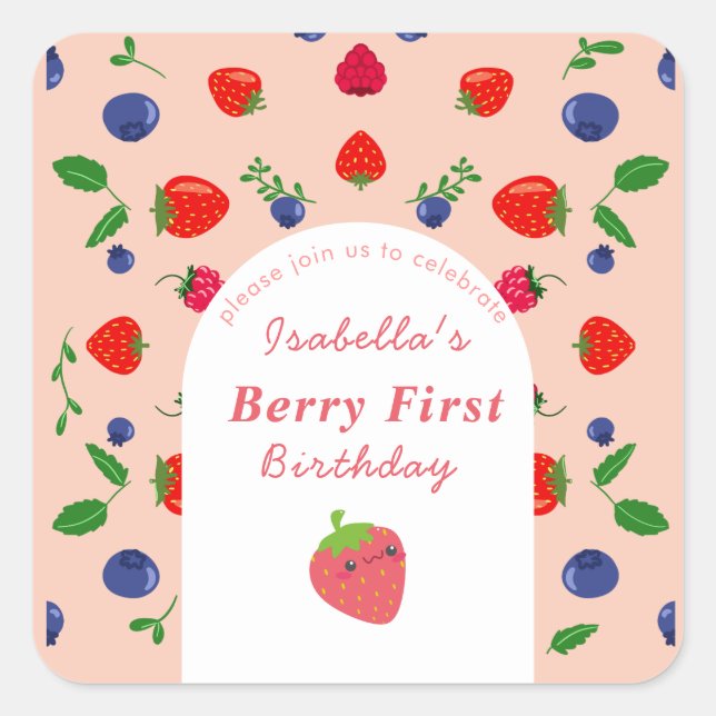 Pegatina Cuadrada Cumpleaños primero de Fresa Berry (Anverso)
