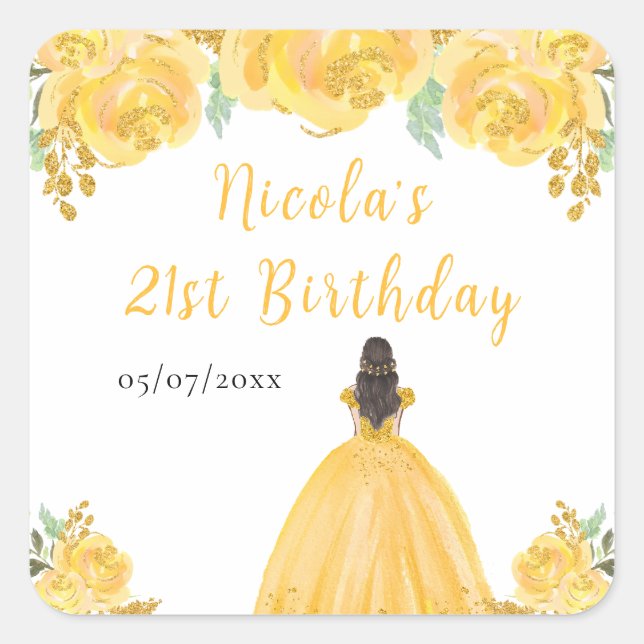 Pegatina Cuadrada Cumpleaños Princesa Cabello Marrón Floral Dorado (Anverso)