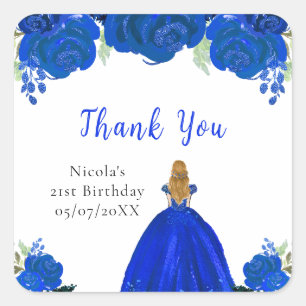 Pegatina Cuadrada Cumpleaños Princesa Cabello Rubio Floral Azul