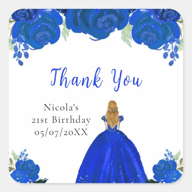 Pegatina Cuadrada Cumpleaños Princesa Cabello Rubio Floral Azul (Anverso)