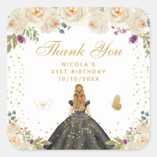 Pegatina Cuadrada Cumpleaños Princesa Cabello Rubio Floral Crema