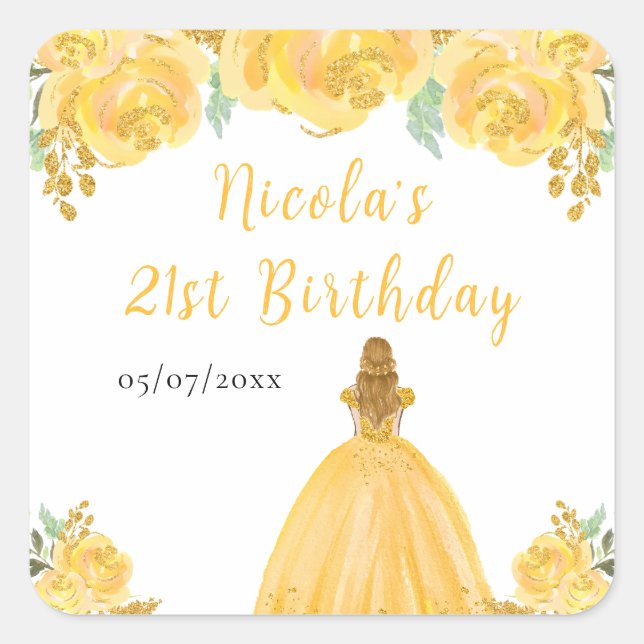 Pegatina Cuadrada Cumpleaños Princesa Cabello Rubio Floral Dorado (Anverso)
