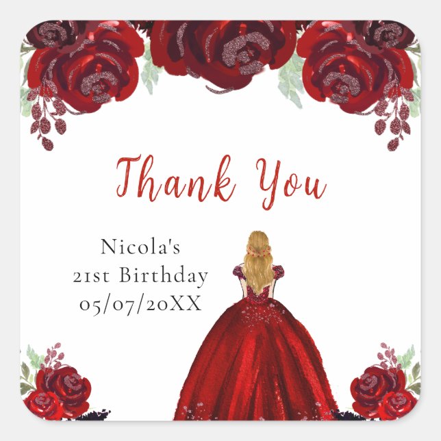Pegatina Cuadrada Cumpleaños Princesa Cabello Rubio Floral Rojo (Anverso)