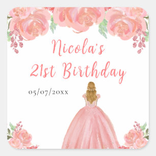 Pegatina Cuadrada Cumpleaños Princesa Cabello Rubio Floral Rosa