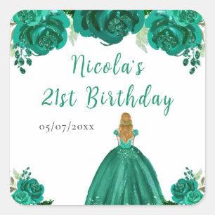 Pegatina Cuadrada Cumpleaños Princesa Cabello Rubio Floral Verde Fie