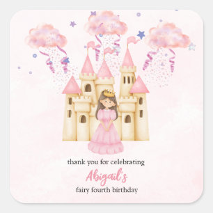 Pegatina Cuadrada Cumpleaños Princesa Castillo Rosa Cuento de Hadas